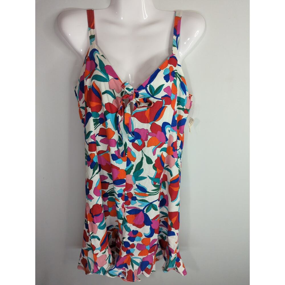 The Impeccable Pig Floral Tie  Linen Blend Romper Women MED Coastal Bohemian NWT